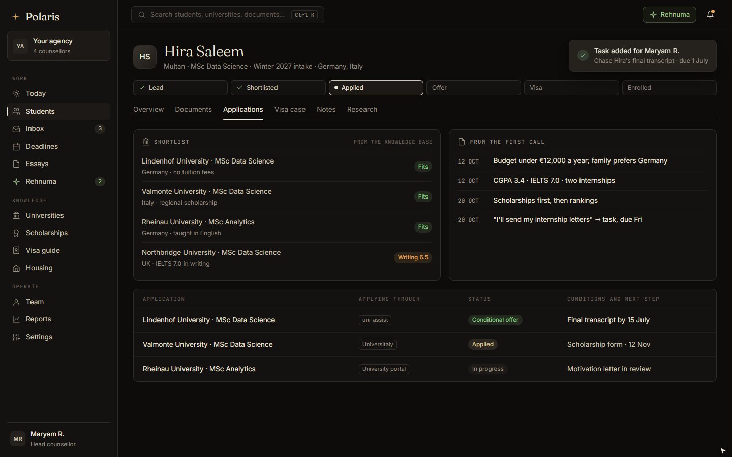 A student's shortlist and applications with their conditions